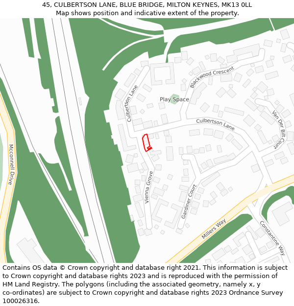 45, CULBERTSON LANE, BLUE BRIDGE, MILTON KEYNES, MK13 0LL: Location map and indicative extent of plot