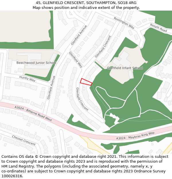 45, GLENFIELD CRESCENT, SOUTHAMPTON, SO18 4RG: Location map and indicative extent of plot