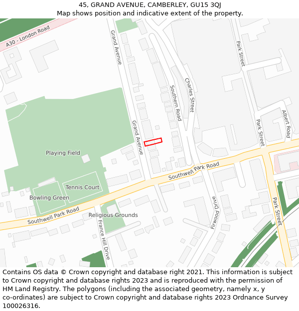 45, GRAND AVENUE, CAMBERLEY, GU15 3QJ: Location map and indicative extent of plot