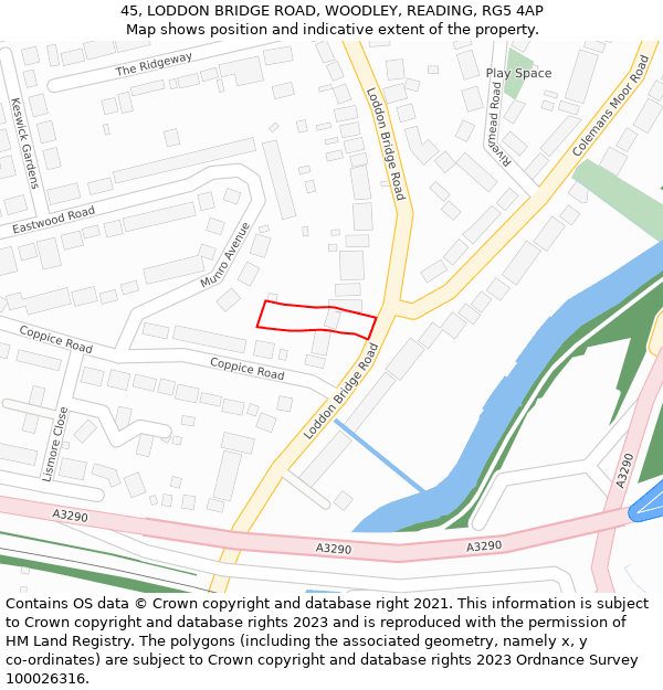 45, LODDON BRIDGE ROAD, WOODLEY, READING, RG5 4AP: Location map and indicative extent of plot