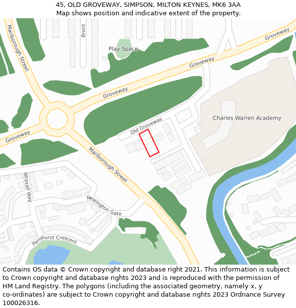 45, OLD GROVEWAY, SIMPSON, MILTON KEYNES, MK6 3AA: Location map and indicative extent of plot