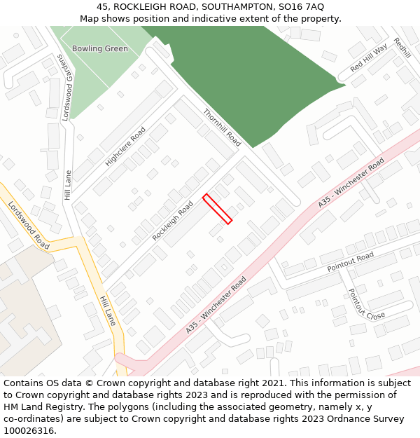 45, ROCKLEIGH ROAD, SOUTHAMPTON, SO16 7AQ: Location map and indicative extent of plot