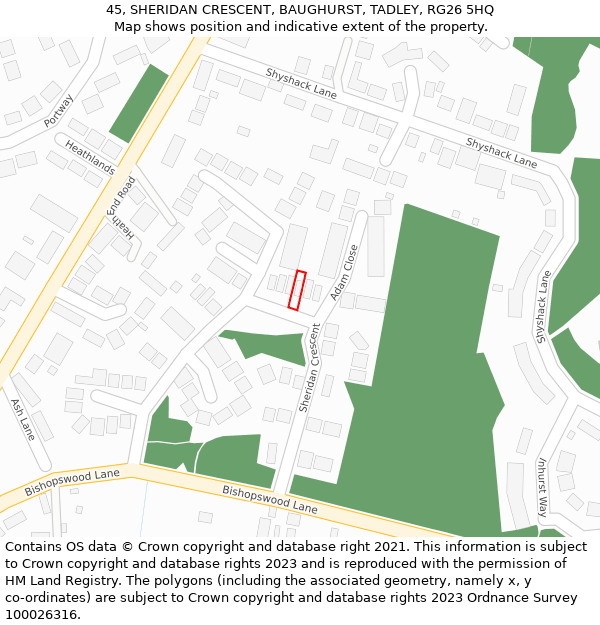 45, SHERIDAN CRESCENT, BAUGHURST, TADLEY, RG26 5HQ: Location map and indicative extent of plot