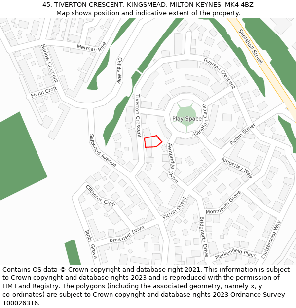 45, TIVERTON CRESCENT, KINGSMEAD, MILTON KEYNES, MK4 4BZ: Location map and indicative extent of plot