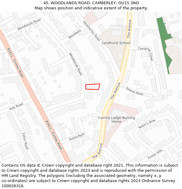 45, WOODLANDS ROAD, CAMBERLEY, GU15 3ND: Location map and indicative extent of plot