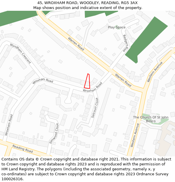 45, WROXHAM ROAD, WOODLEY, READING, RG5 3AX: Location map and indicative extent of plot