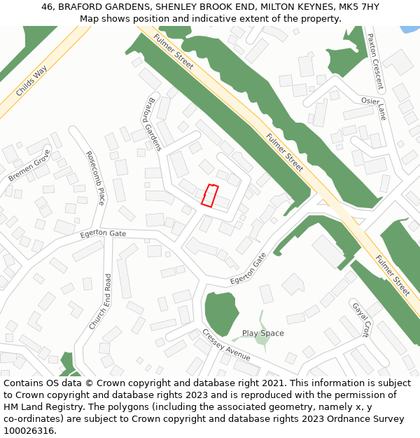 46, BRAFORD GARDENS, SHENLEY BROOK END, MILTON KEYNES, MK5 7HY: Location map and indicative extent of plot