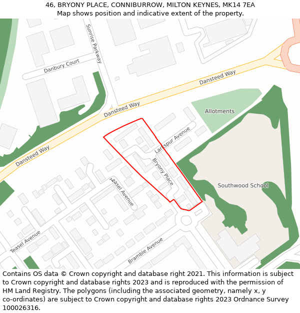 46, BRYONY PLACE, CONNIBURROW, MILTON KEYNES, MK14 7EA: Location map and indicative extent of plot