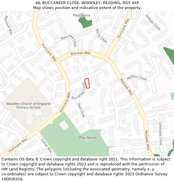 46, BUCCANEER CLOSE, WOODLEY, READING, RG5 4XP: Location map and indicative extent of plot