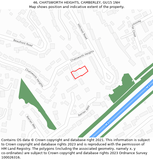 46, CHATSWORTH HEIGHTS, CAMBERLEY, GU15 1NH: Location map and indicative extent of plot