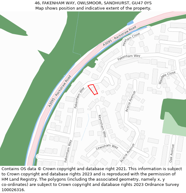 46, FAKENHAM WAY, OWLSMOOR, SANDHURST, GU47 0YS: Location map and indicative extent of plot