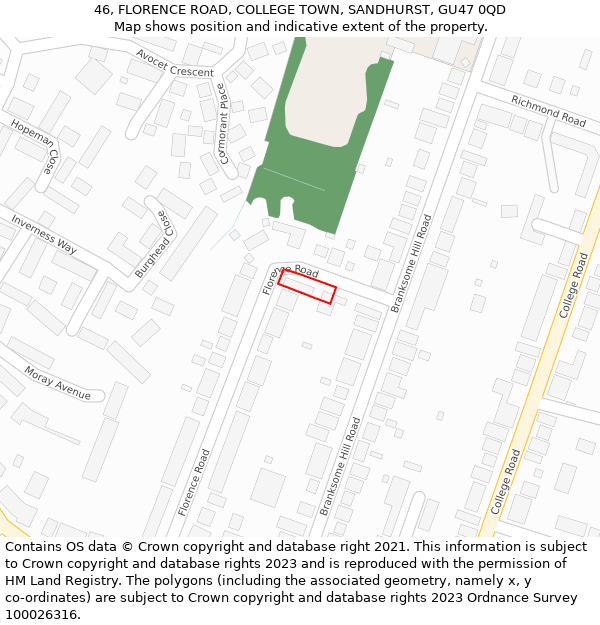 46, FLORENCE ROAD, COLLEGE TOWN, SANDHURST, GU47 0QD: Location map and indicative extent of plot