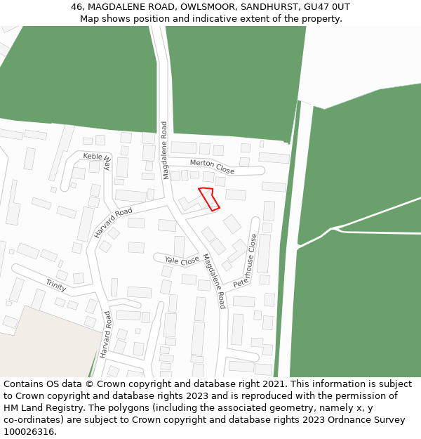 46, MAGDALENE ROAD, OWLSMOOR, SANDHURST, GU47 0UT: Location map and indicative extent of plot
