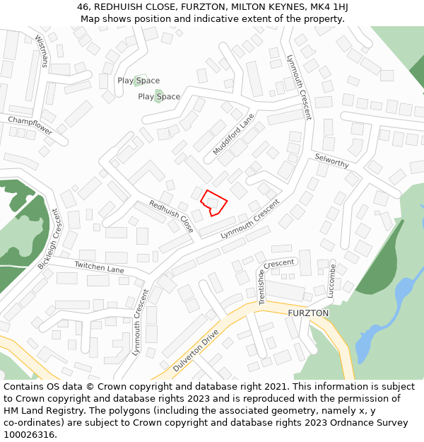 46, REDHUISH CLOSE, FURZTON, MILTON KEYNES, MK4 1HJ: Location map and indicative extent of plot