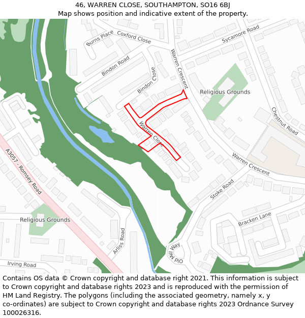 46, WARREN CLOSE, SOUTHAMPTON, SO16 6BJ: Location map and indicative extent of plot