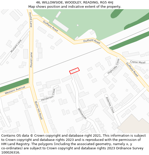 46, WILLOWSIDE, WOODLEY, READING, RG5 4HJ: Location map and indicative extent of plot