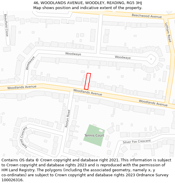 46, WOODLANDS AVENUE, WOODLEY, READING, RG5 3HJ: Location map and indicative extent of plot