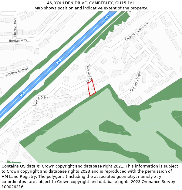 46, YOULDEN DRIVE, CAMBERLEY, GU15 1AL: Location map and indicative extent of plot