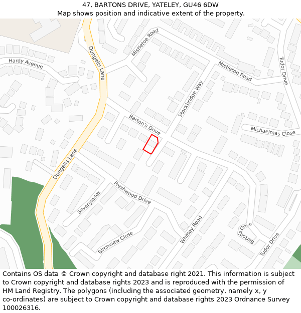 47, BARTONS DRIVE, YATELEY, GU46 6DW: Location map and indicative extent of plot