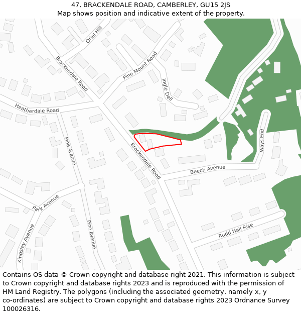 47, BRACKENDALE ROAD, CAMBERLEY, GU15 2JS: Location map and indicative extent of plot