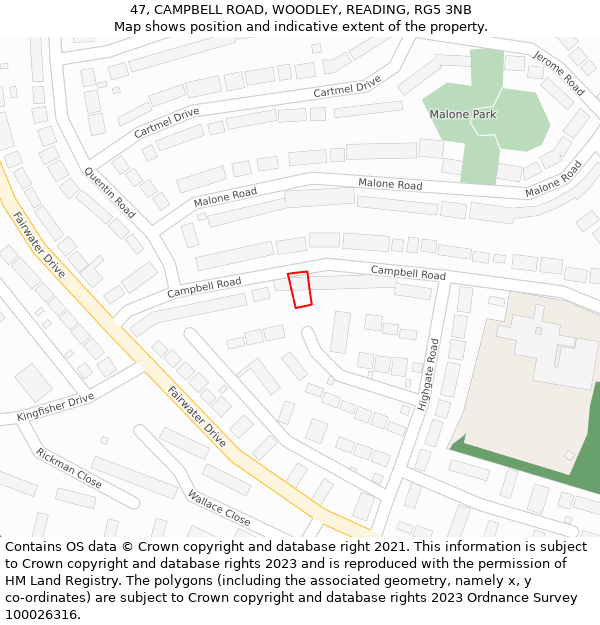 47, CAMPBELL ROAD, WOODLEY, READING, RG5 3NB: Location map and indicative extent of plot