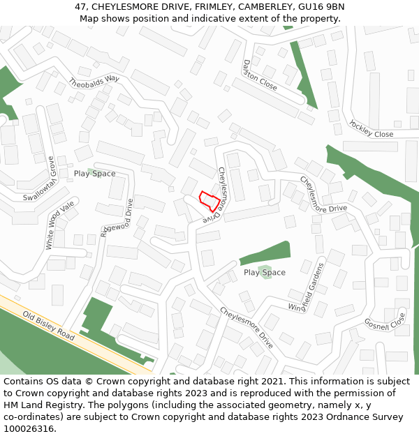 47, CHEYLESMORE DRIVE, FRIMLEY, CAMBERLEY, GU16 9BN: Location map and indicative extent of plot