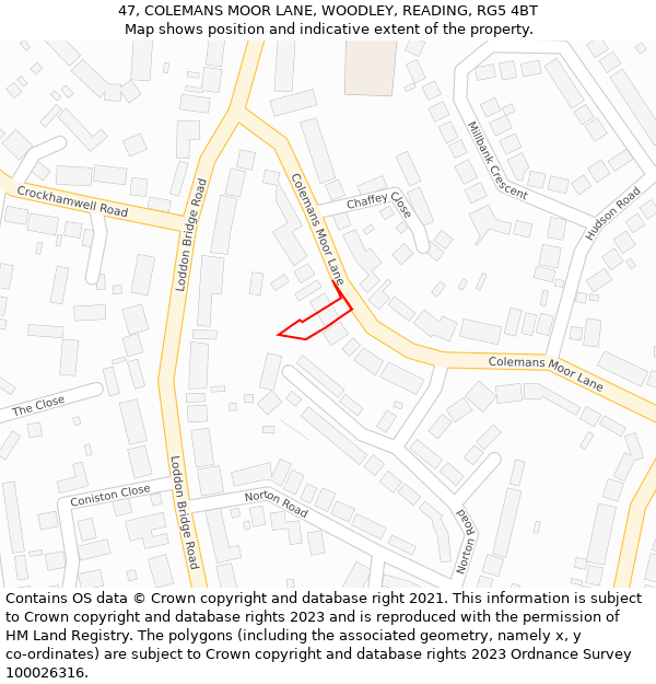 47, COLEMANS MOOR LANE, WOODLEY, READING, RG5 4BT: Location map and indicative extent of plot