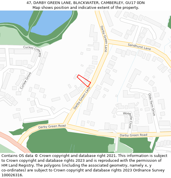 47, DARBY GREEN LANE, BLACKWATER, CAMBERLEY, GU17 0DN: Location map and indicative extent of plot