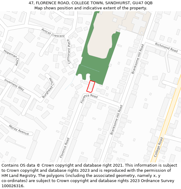 47, FLORENCE ROAD, COLLEGE TOWN, SANDHURST, GU47 0QB: Location map and indicative extent of plot