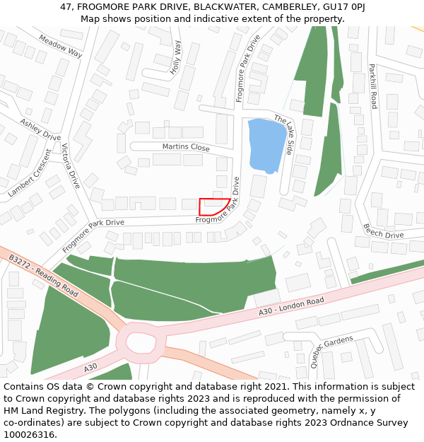 47, FROGMORE PARK DRIVE, BLACKWATER, CAMBERLEY, GU17 0PJ: Location map and indicative extent of plot