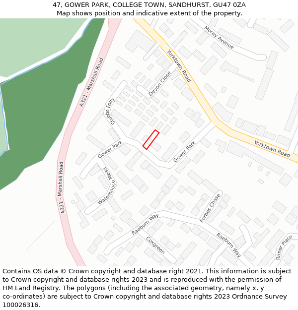 47, GOWER PARK, COLLEGE TOWN, SANDHURST, GU47 0ZA: Location map and indicative extent of plot
