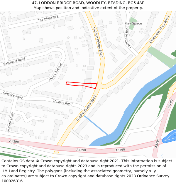 47, LODDON BRIDGE ROAD, WOODLEY, READING, RG5 4AP: Location map and indicative extent of plot