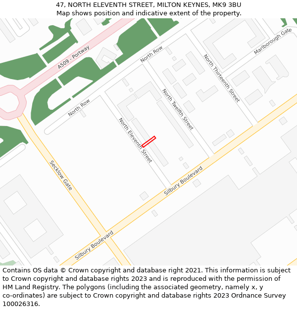 47, NORTH ELEVENTH STREET, MILTON KEYNES, MK9 3BU: Location map and indicative extent of plot