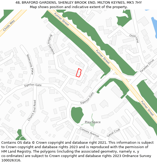 48, BRAFORD GARDENS, SHENLEY BROOK END, MILTON KEYNES, MK5 7HY: Location map and indicative extent of plot