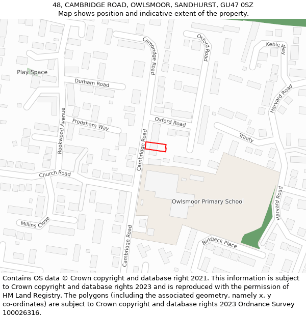 48, CAMBRIDGE ROAD, OWLSMOOR, SANDHURST, GU47 0SZ: Location map and indicative extent of plot