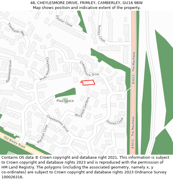 48, CHEYLESMORE DRIVE, FRIMLEY, CAMBERLEY, GU16 9BW: Location map and indicative extent of plot