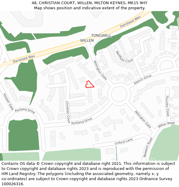 48, CHRISTIAN COURT, WILLEN, MILTON KEYNES, MK15 9HY: Location map and indicative extent of plot