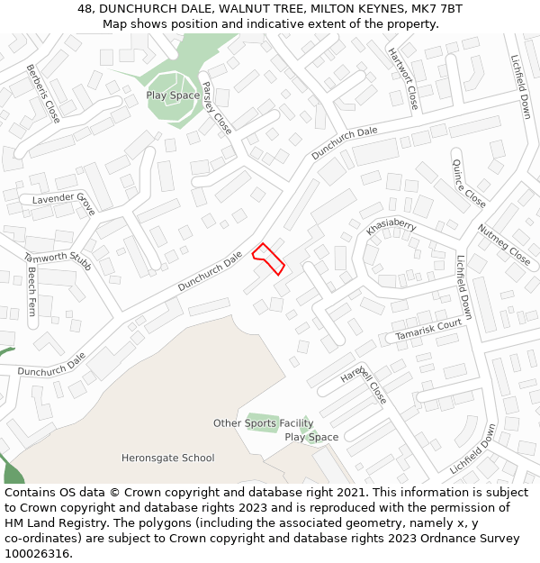 48, DUNCHURCH DALE, WALNUT TREE, MILTON KEYNES, MK7 7BT: Location map and indicative extent of plot