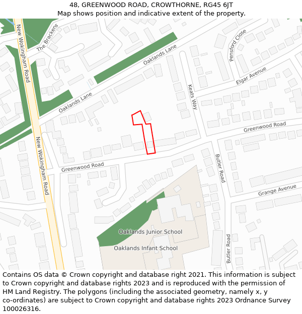 48, GREENWOOD ROAD, CROWTHORNE, RG45 6JT: Location map and indicative extent of plot