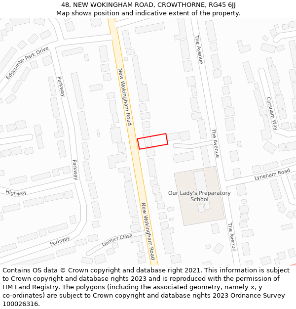 48, NEW WOKINGHAM ROAD, CROWTHORNE, RG45 6JJ: Location map and indicative extent of plot