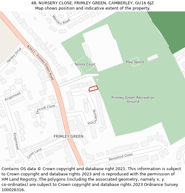 48, NURSERY CLOSE, FRIMLEY GREEN, CAMBERLEY, GU16 6JZ: Location map and indicative extent of plot