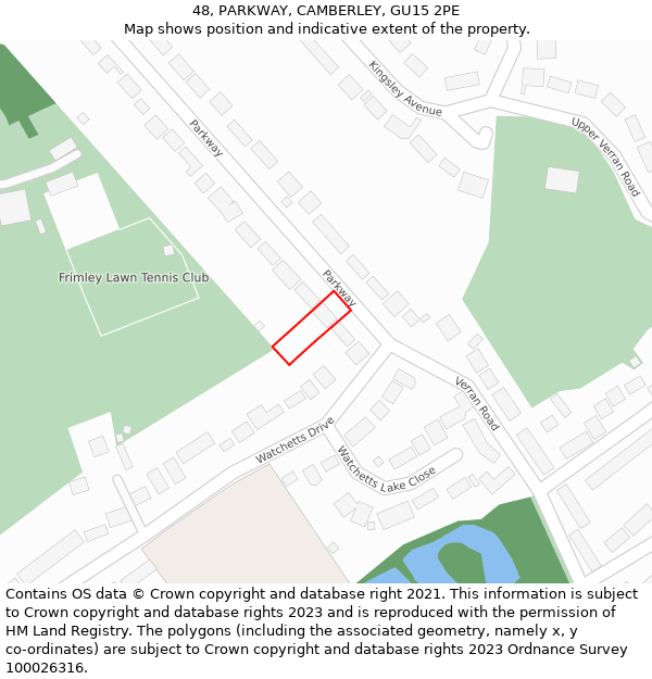 48, PARKWAY, CAMBERLEY, GU15 2PE: Location map and indicative extent of plot