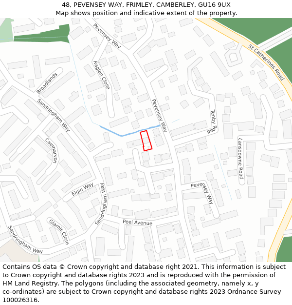 48, PEVENSEY WAY, FRIMLEY, CAMBERLEY, GU16 9UX: Location map and indicative extent of plot