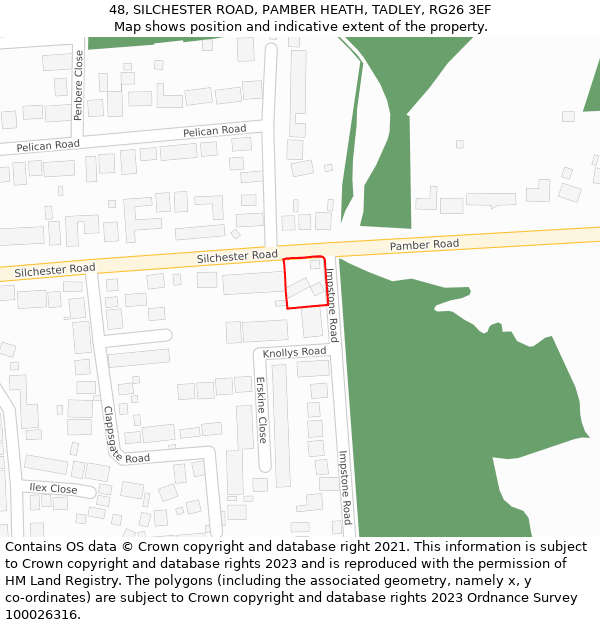 48, SILCHESTER ROAD, PAMBER HEATH, TADLEY, RG26 3EF: Location map and indicative extent of plot