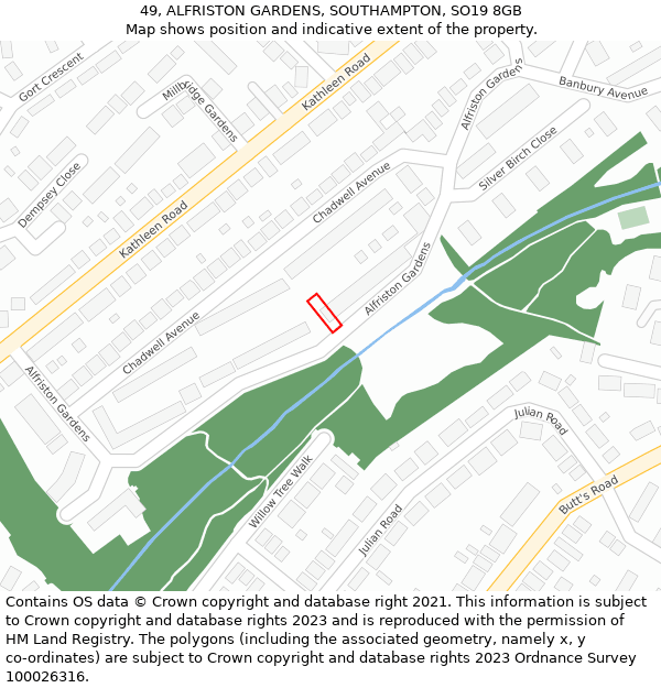 49, ALFRISTON GARDENS, SOUTHAMPTON, SO19 8GB: Location map and indicative extent of plot