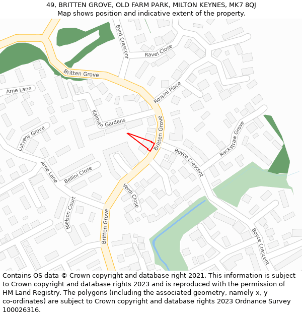 49, BRITTEN GROVE, OLD FARM PARK, MILTON KEYNES, MK7 8QJ: Location map and indicative extent of plot