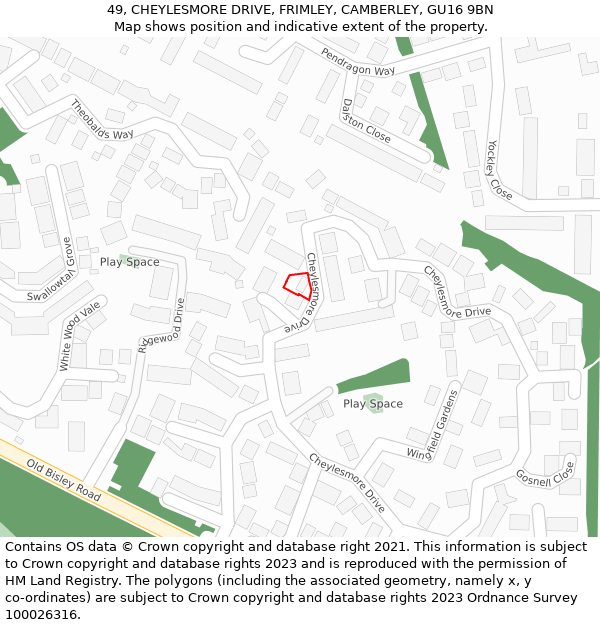 49, CHEYLESMORE DRIVE, FRIMLEY, CAMBERLEY, GU16 9BN: Location map and indicative extent of plot