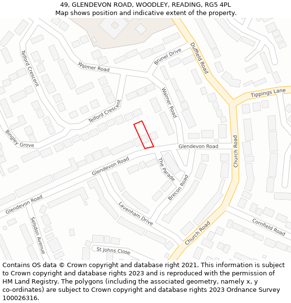 49, GLENDEVON ROAD, WOODLEY, READING, RG5 4PL: Location map and indicative extent of plot