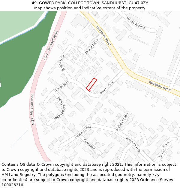49, GOWER PARK, COLLEGE TOWN, SANDHURST, GU47 0ZA: Location map and indicative extent of plot