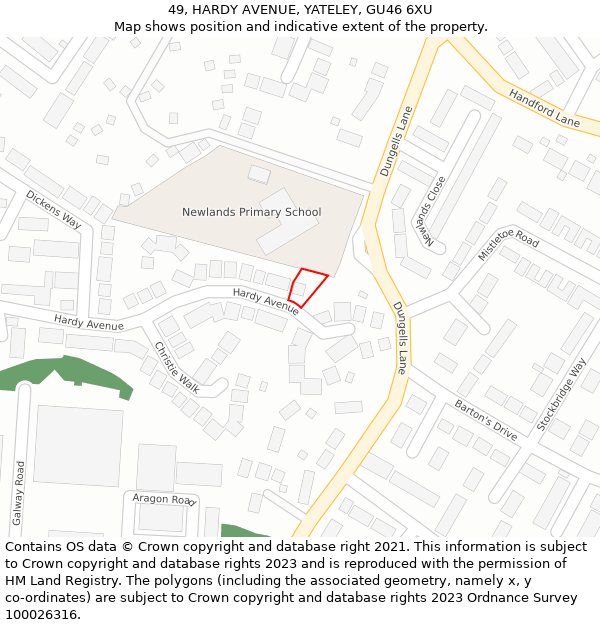 49, HARDY AVENUE, YATELEY, GU46 6XU: Location map and indicative extent of plot